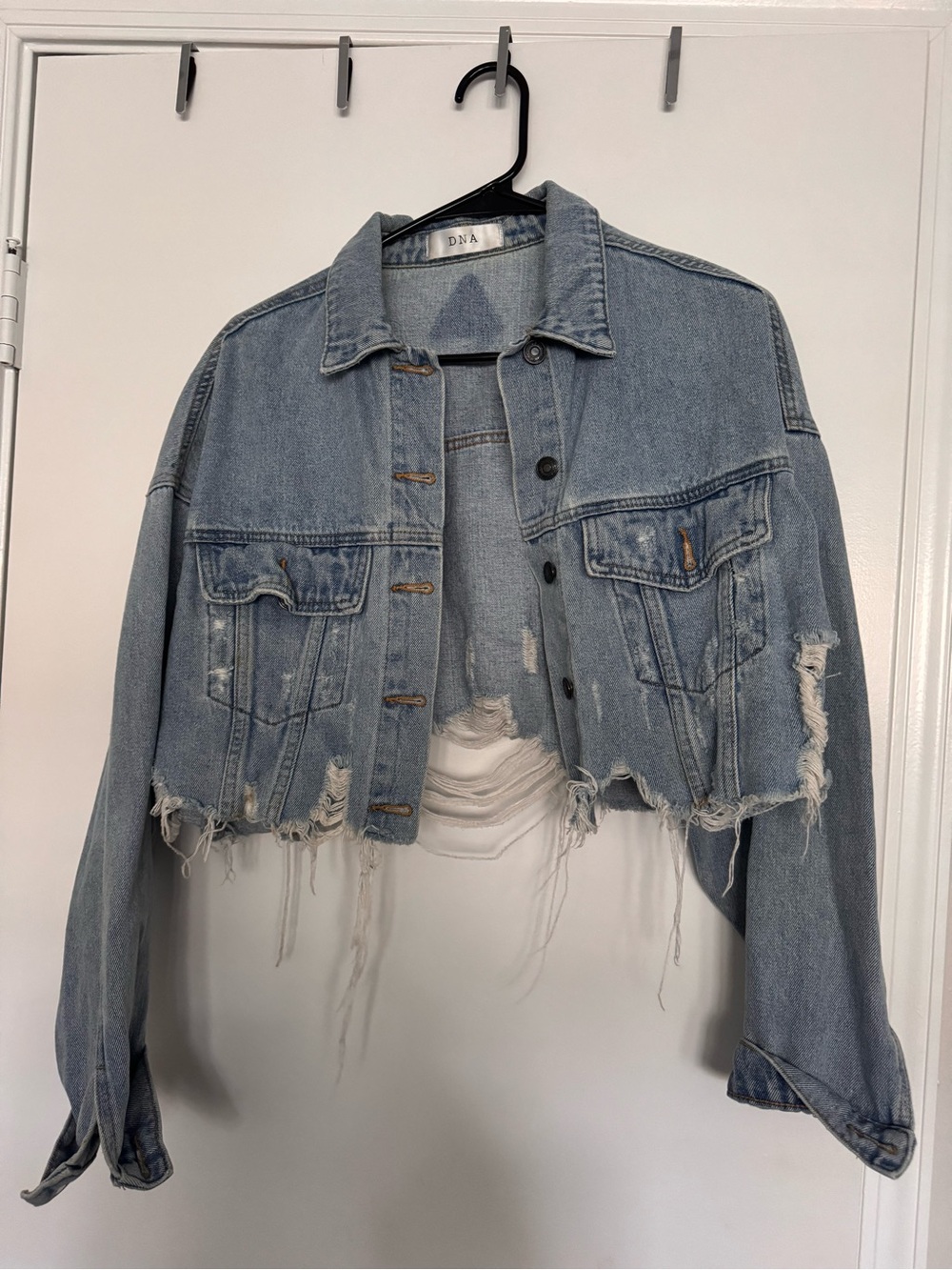 Cropped Distressed Light Blue Denim Jacket